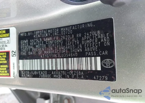 2020 Toyota Camry Se из США, поврежденный, VIN 4T1G11AK3LU354640